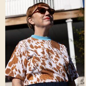 Nikki Chasin - Salma Short Sleeve T - Cow Print with Blue Rib - XL